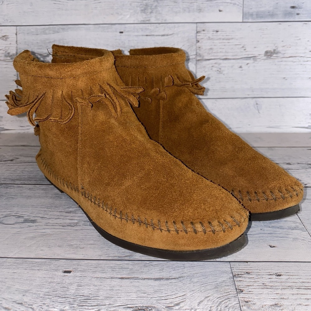 Minnetonka Moccasin Boots Womens 6 Brown Leather Suede Fringe Soft Zip Back Nice